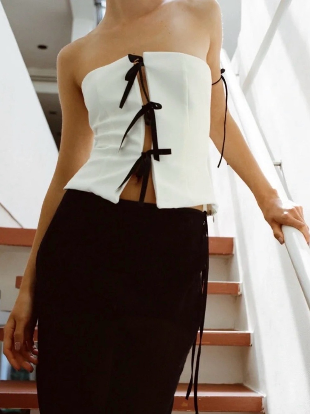 Zara White Strapless Corset Crop Top with Black Tie Details